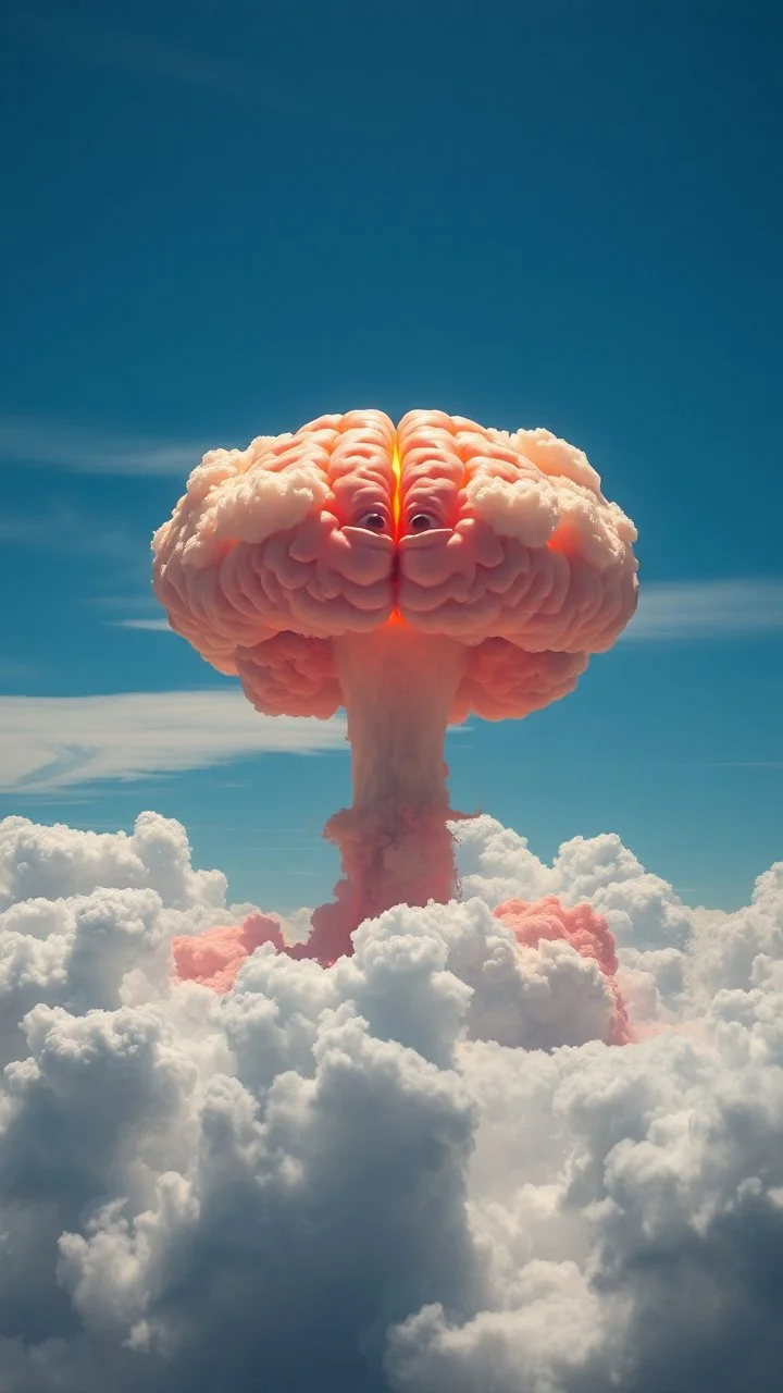 nuclear explosion cloud, the top is crossed with a human brain and eyes