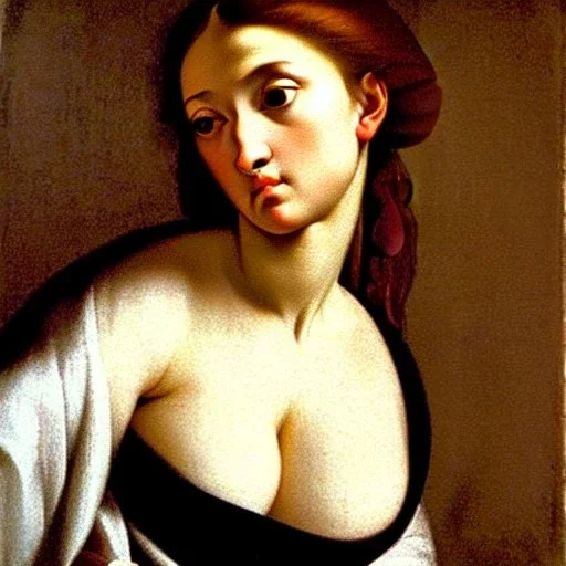 half body Portrait of a beautiful busty woman Caravaggio style