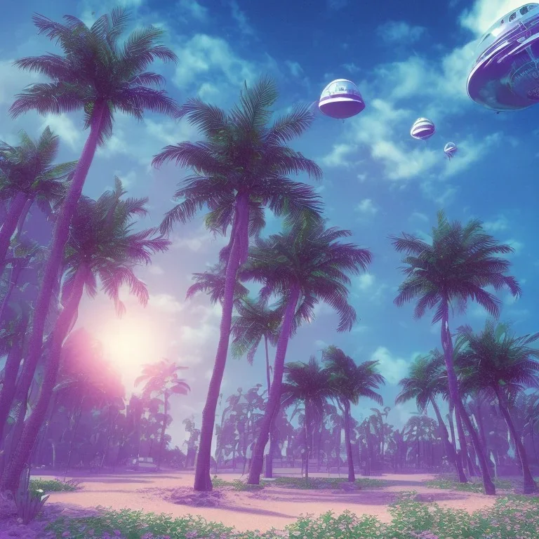 1980's aesthetic vaporwave palm trees with ufo