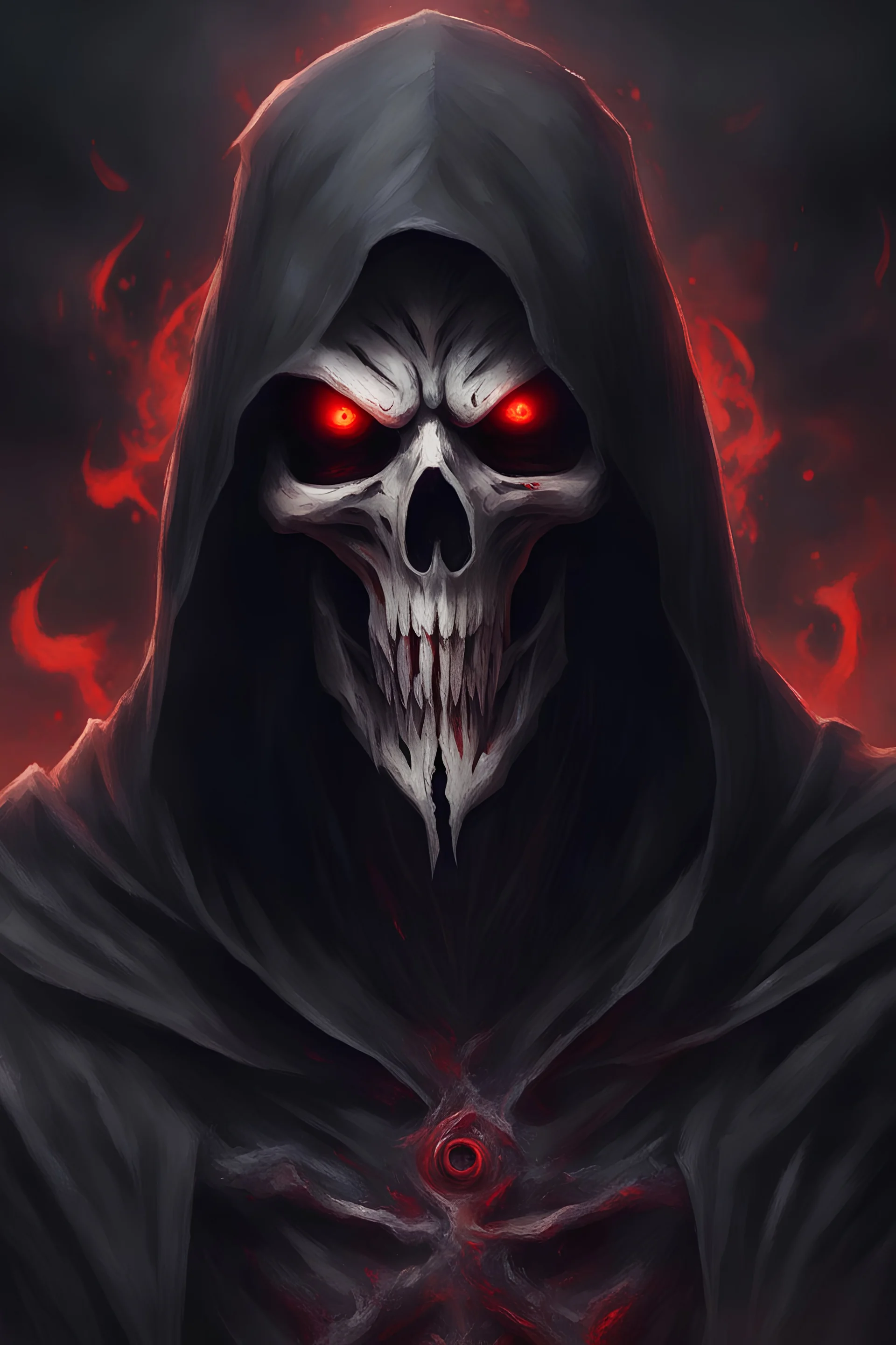 God of death looking like reaper make it darker, face with red eyes with voice of metal type