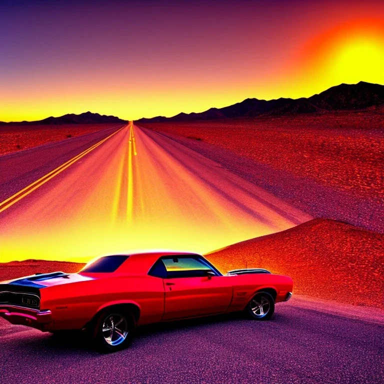 muscle car, desert road, sunset, full colour,