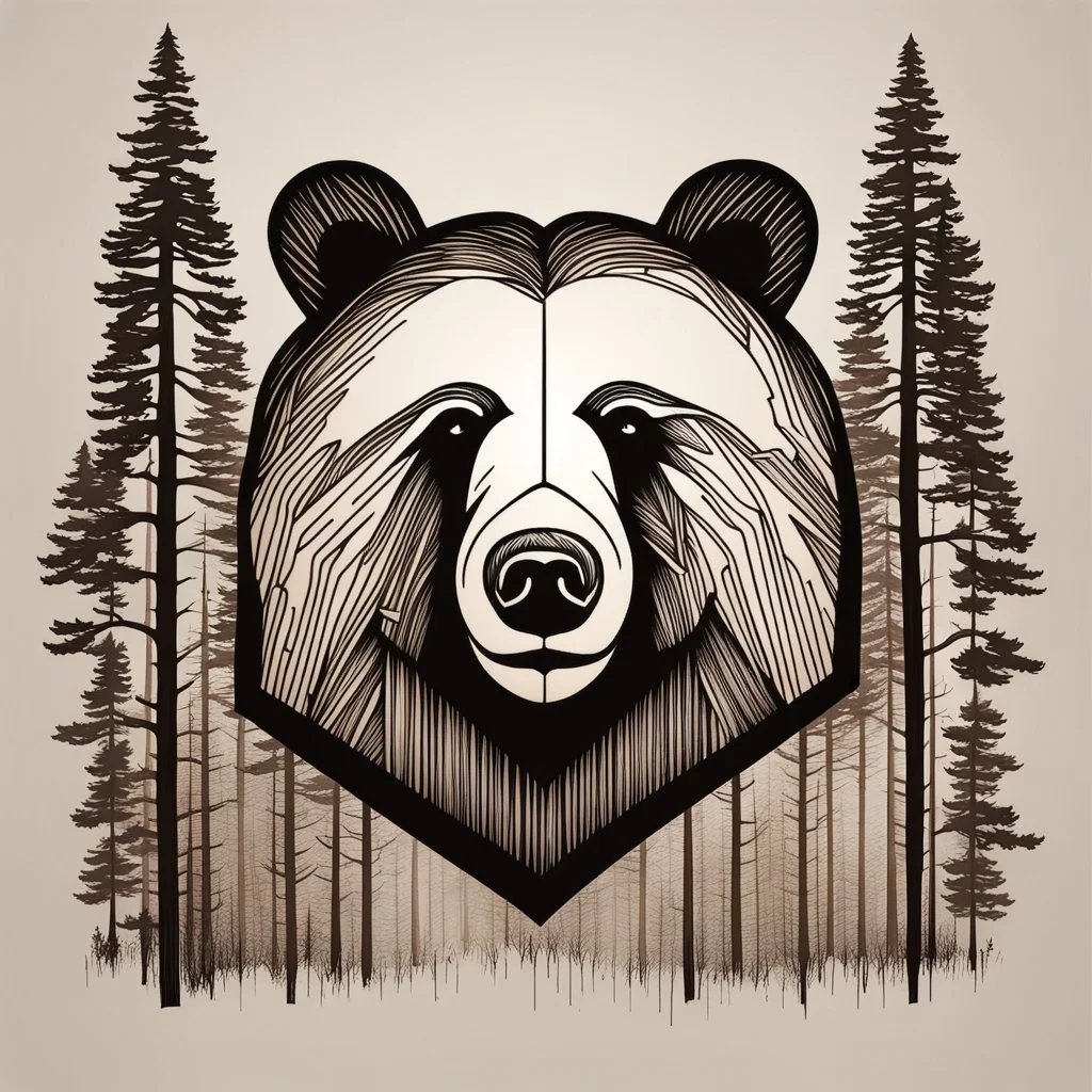 M shaped bear head combined with woods silhouette in backround, letterpress style, minimalistic pencil art