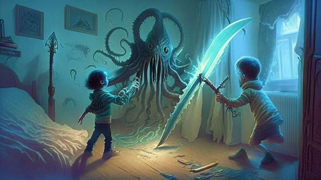 child destroys a lovecraftian alien overlord with a magical sword that emerged from the child's bedroom closet