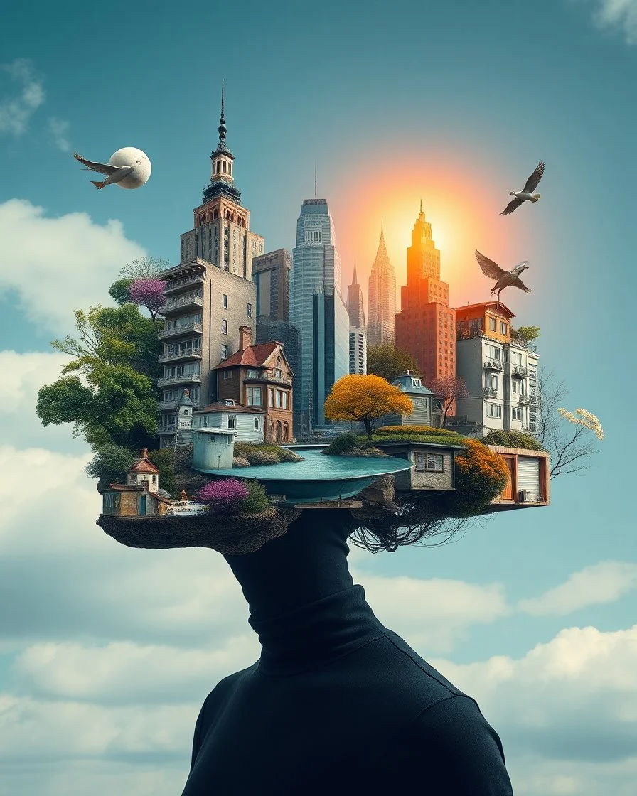 Masterpiece of Art - Beautiful The Vulnicura kafkaesque headpieces Winning Award Photography Art,Surreal blend head pretty of urban city buildings and natural elements, defying the laws of physics