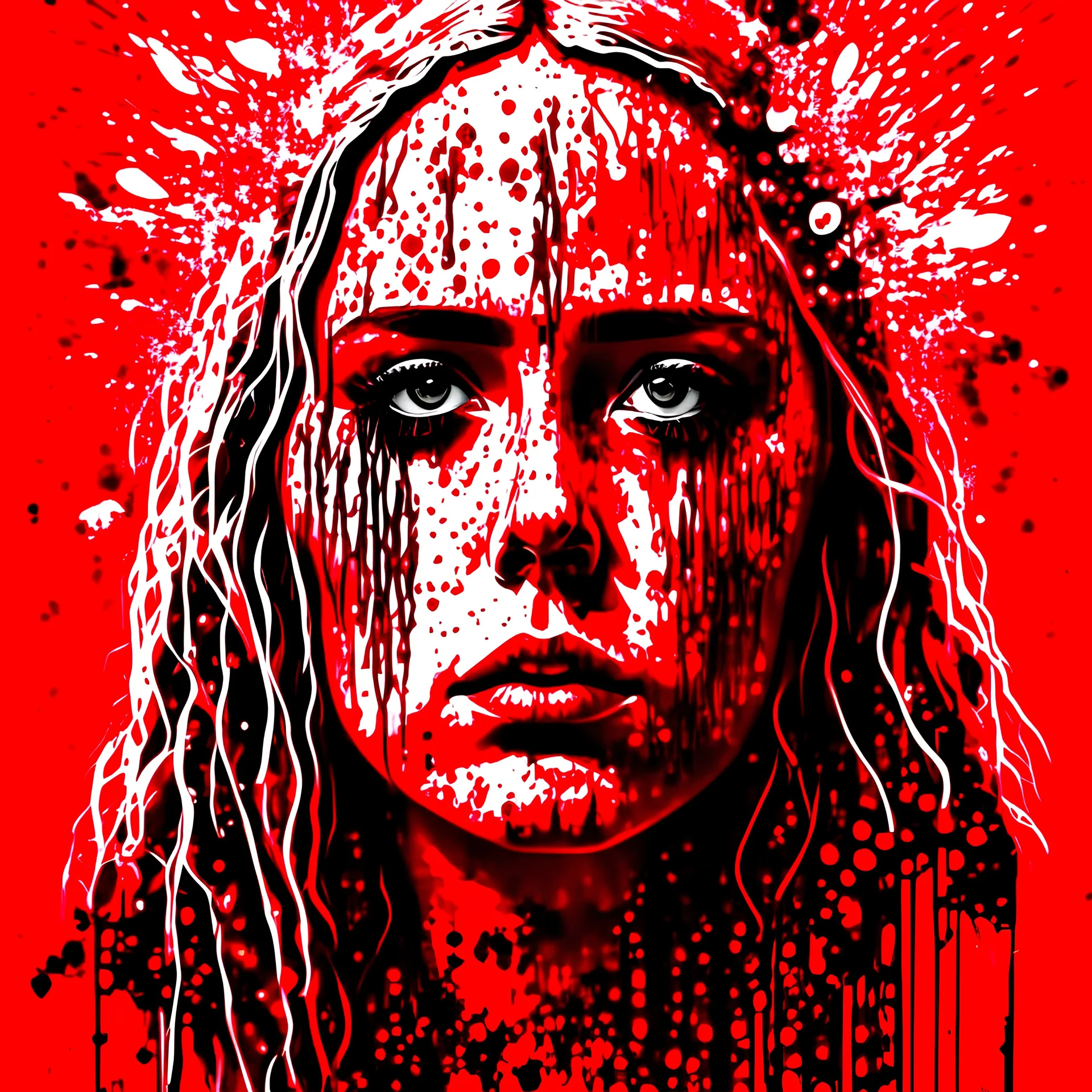 Singer Danish MØ face, blood, guts, wildflower, intricate, background liquid, darkred tones,