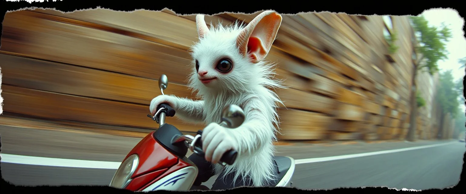 3d airbrush render, white fluffy gnome native panda elf alien dodo on insane fast scooter, pinhole cam, airbrush 3d rendering, in the style of Titian and Dali , torn edges on border