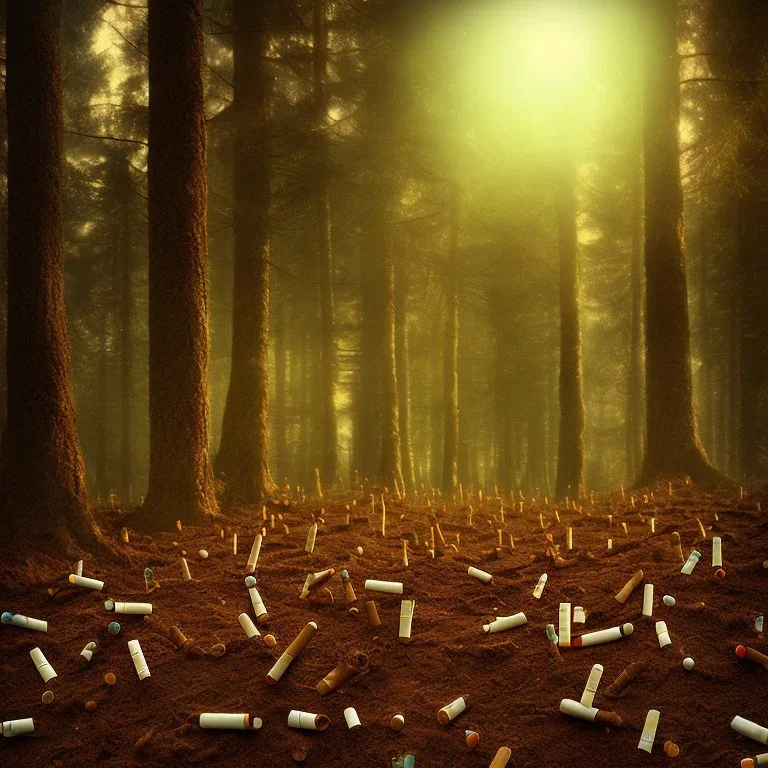 a forest made of cigarette butts. post-apocalyptic, hyperdetailed, lens flare, bokeh, low-key lighting, kodachrome