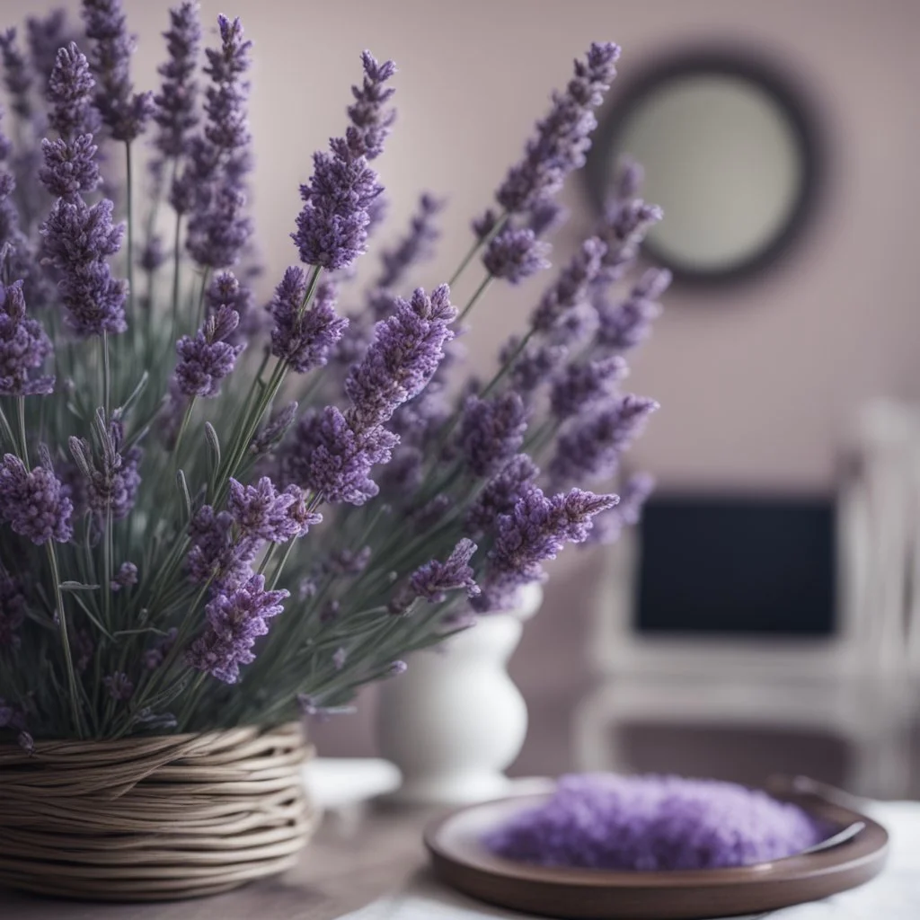 Concept of lavender flower in a hotel room, modern classic style, lavender colors