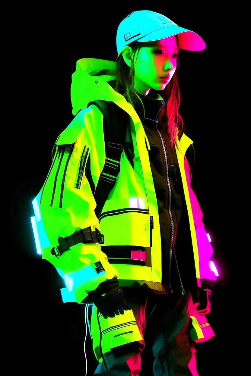 y2k, neon, fluo, cloth transparent, techwear, walkman, pop, blade runner