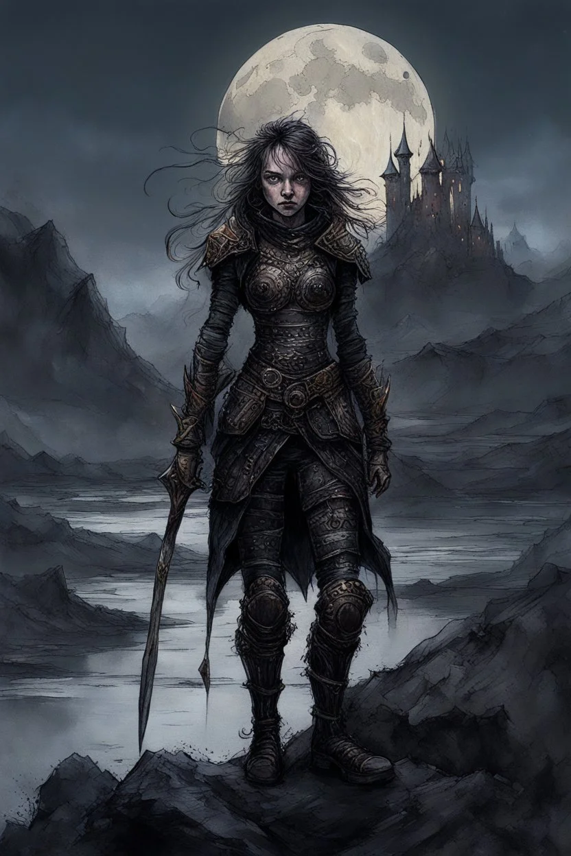 A formidable warrior girl in black armor, against the background of an amazing gloomy landscape, flooded with the light of two moons, mountains, trees, a fabulous scary landscape, juicy emotions, painting, dark fantasy, gloomy day, dark world, portrait, Gothic Town At Night, Fantasy, Intricate Details, Castle Courtyard Gardens, Hyper Detailed, Jean Baptiste Monge, Carne Griffiths, Michael Garmash, Seb Mckinnon, Masterpiece