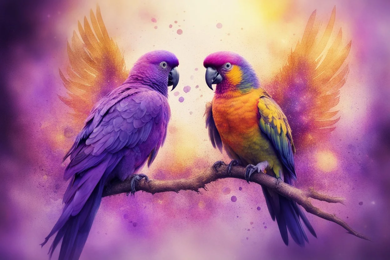 parrot-phoenix mix birds, a picture of togetherness, death, resurrection, purple in sunshine, watercolor and black ink outlines, sparkling golden glitter, ethereal, cinematic postprocessing, bokeh, dof