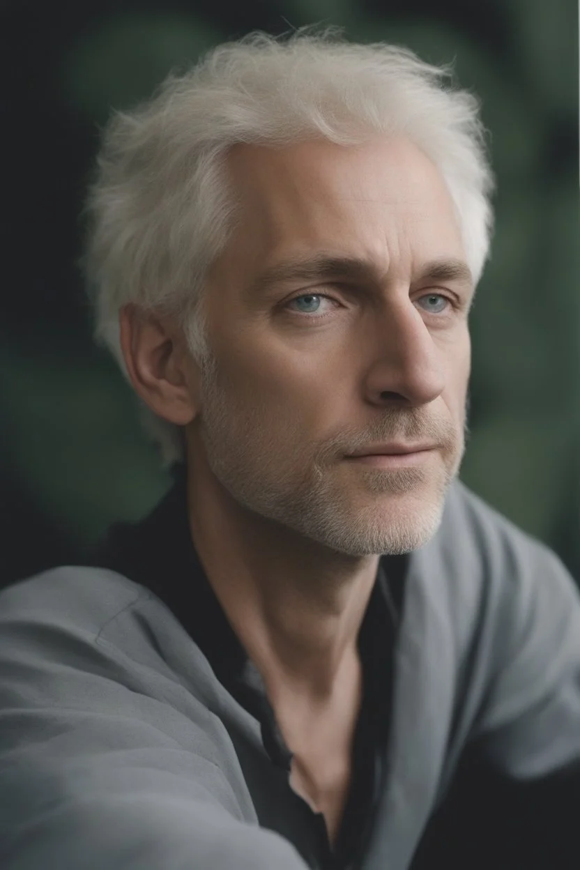 a photographic, photorealistic, true-to-life facial portrait of Harry Bahls. with platinum blonde hair, blue eyes, head to waist image, professional quality, studio photograph shot on 35mm film