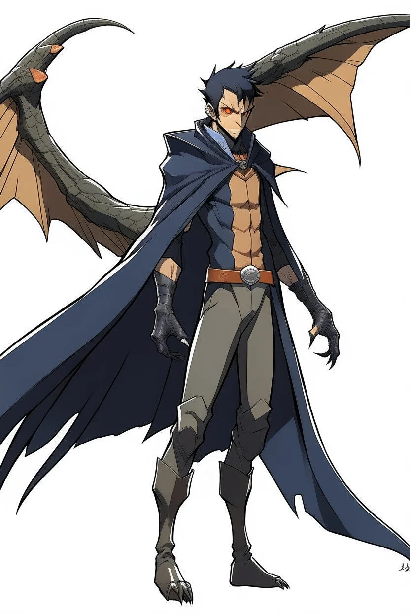 Anime man side character with dark , hybrid with Pteranodon,small muscles, aged 30, wearing a Pteranodon superhero suit
