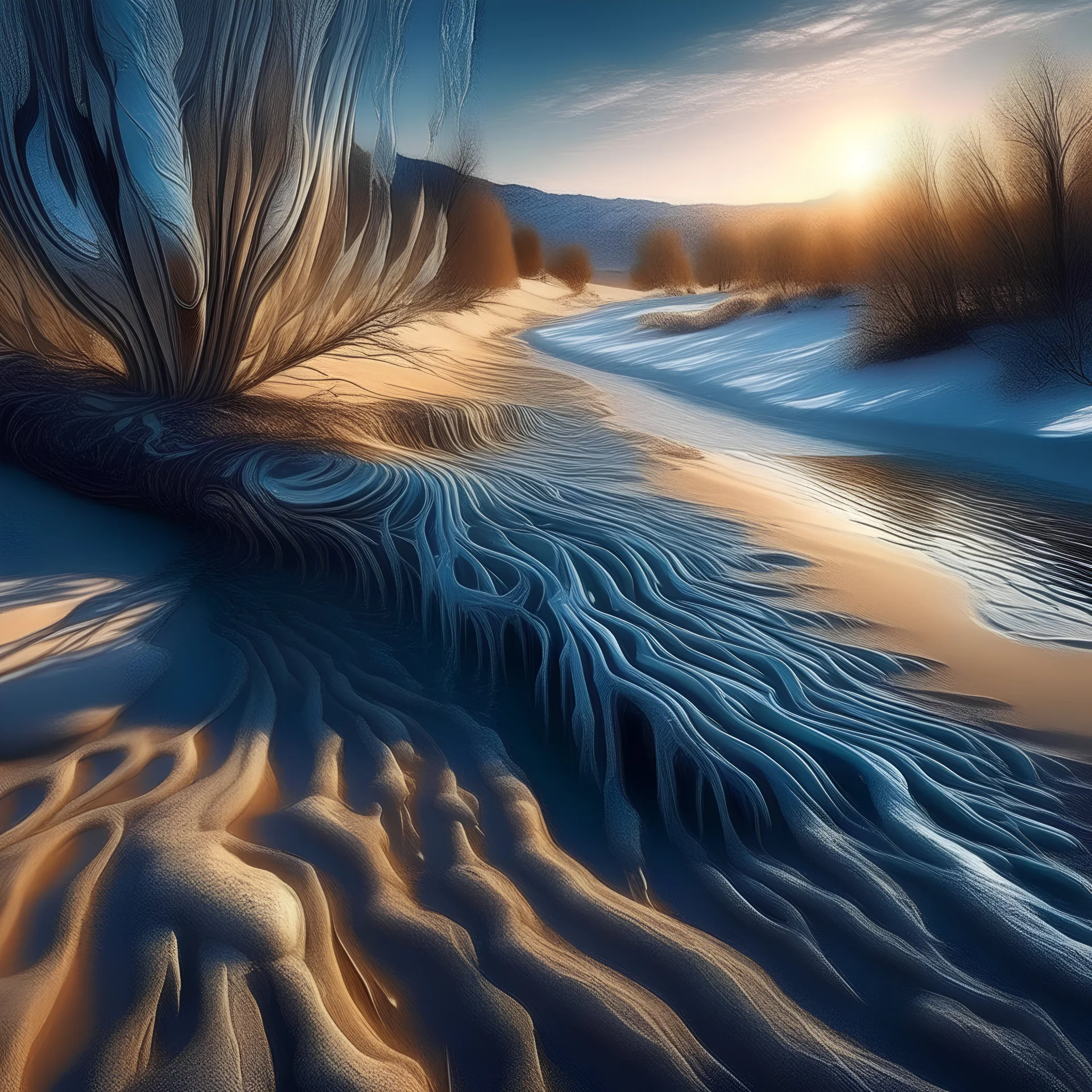 Portray a landscape transformed into a sparkling wonderland by the touch of frost. Use vivid imagery to highlight the glistening icicles hanging from branches, frozen lakes with delicate patterns, and the play of sunlight on the ice-covered landscape.