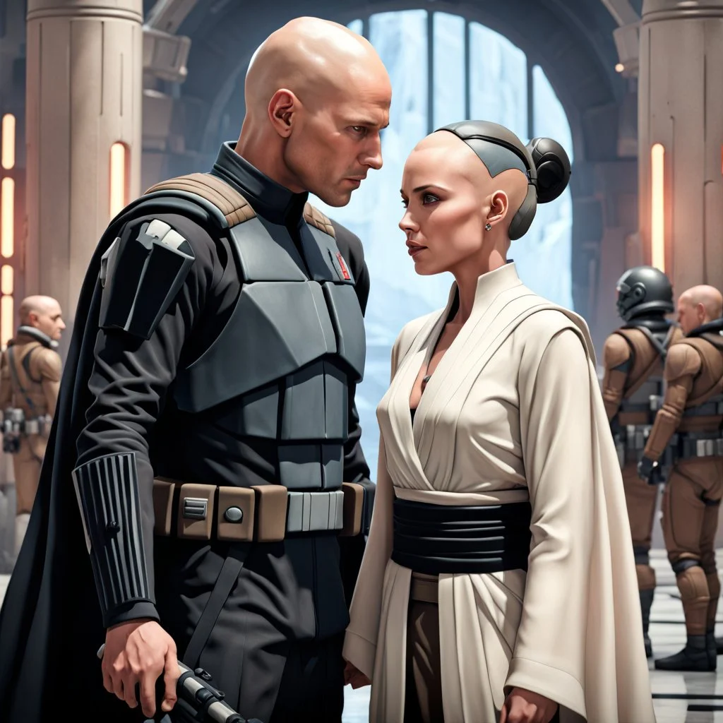 a bold and heroic bald male Corellian pilot in black and grey First Order special forces gear meets a female Jedi Master in ancient, mystical temple, hyperdetailed, dynamic lighting, hyperdetailed background, 8k resolution, volumetric lighting, light skin, fully symmetric details