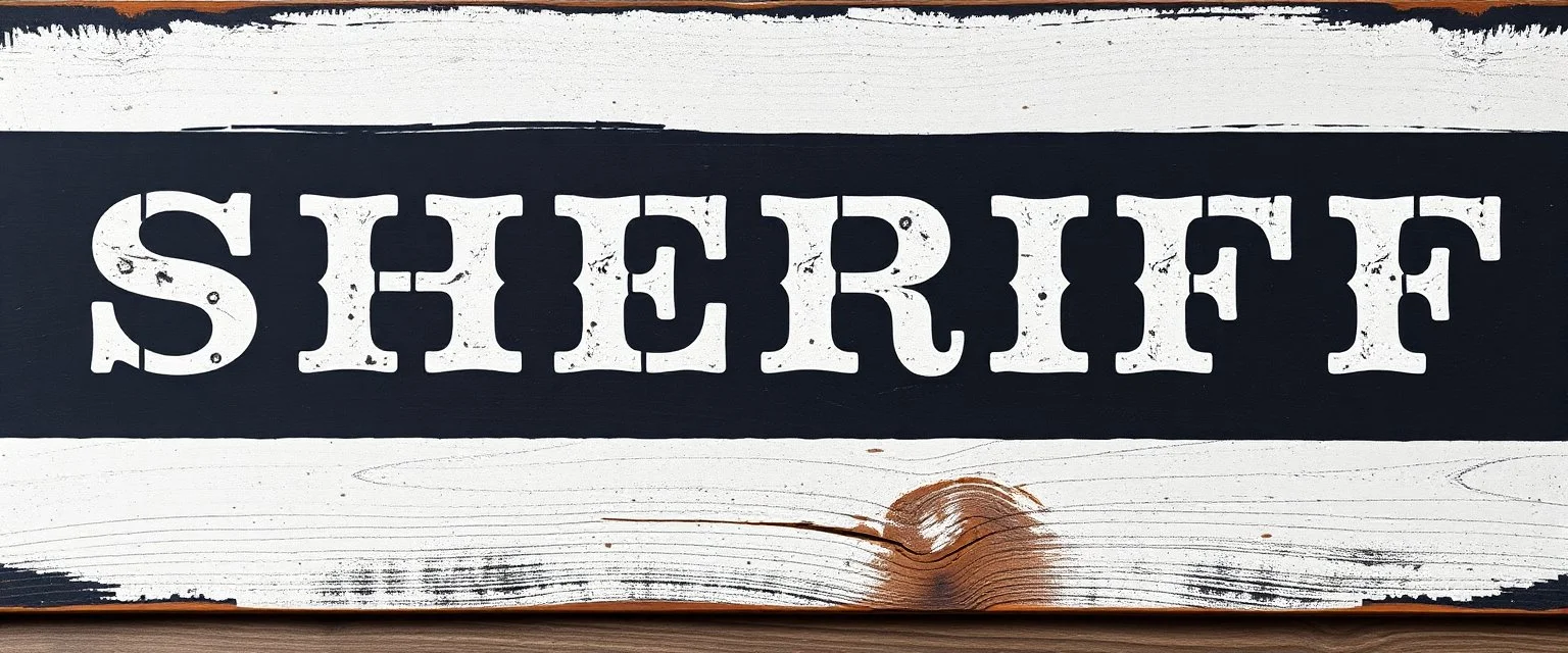 fill composition with large and wide historical hand painted old western sign that reads: "SHERIFF" white on black with inset white stripe boarder aged paint on wood sanserif