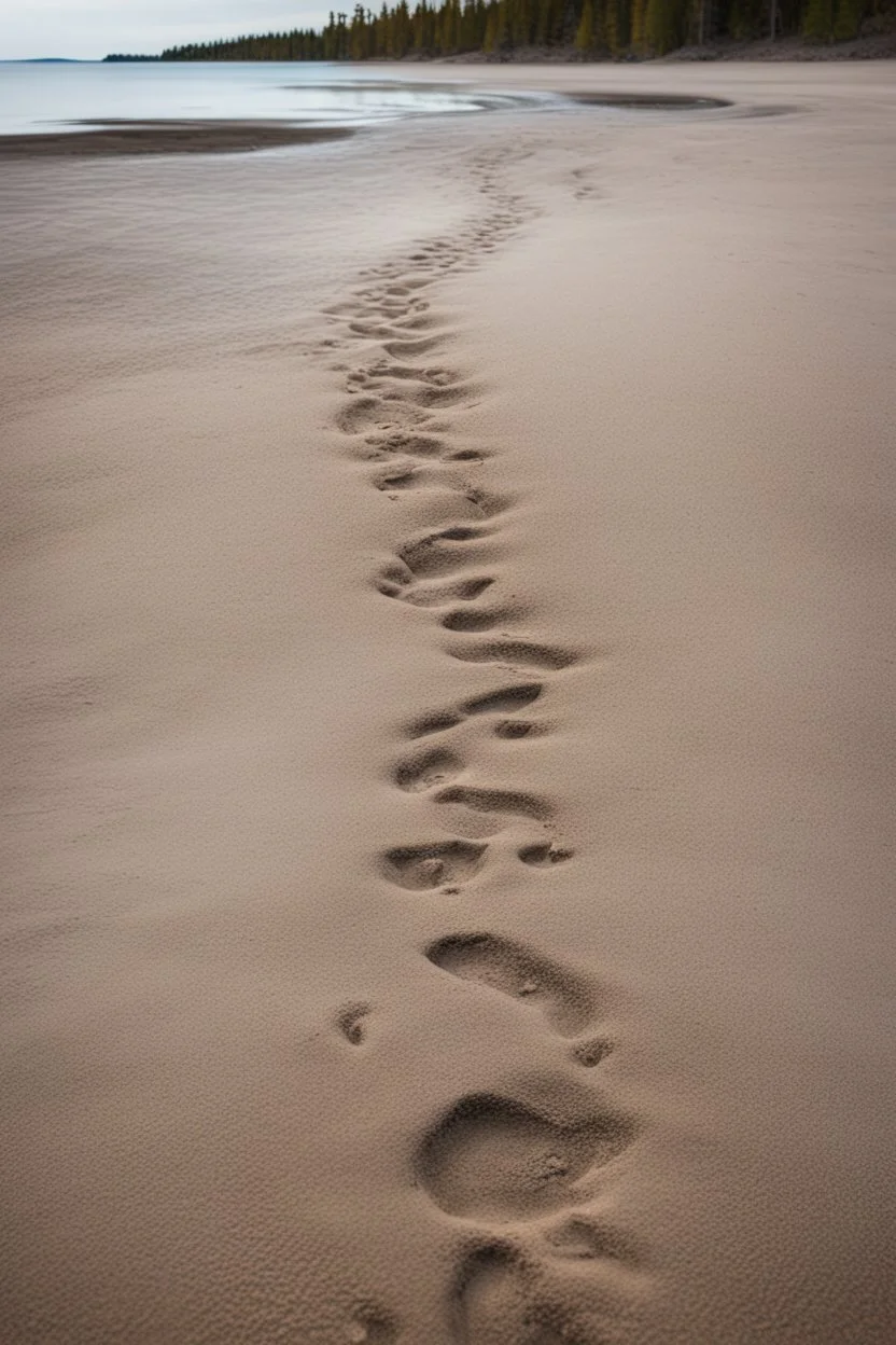 Sand Near THE WATER OF LAKE Gennisaretsky, bare footprints lead to the water. The image is in high quality in 8K.