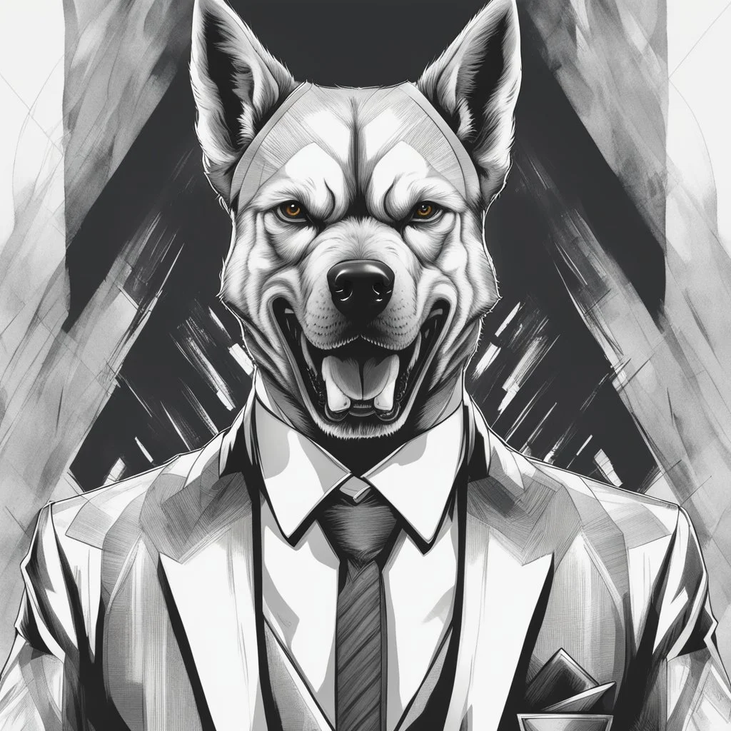 Illustrative sketch of a image of an angry humanoid dog, suit and tie, arte lineal ultra quality, 8k