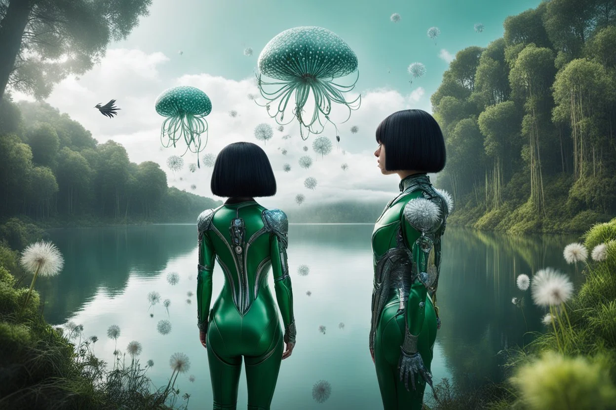 Photo of a skinny woman with a black bob hairstyle, in a green and silver android suit, looking at flying dandelion heads with octopus tentacles looking out over a lake, in an alien forest, with tall narrow cloud trees