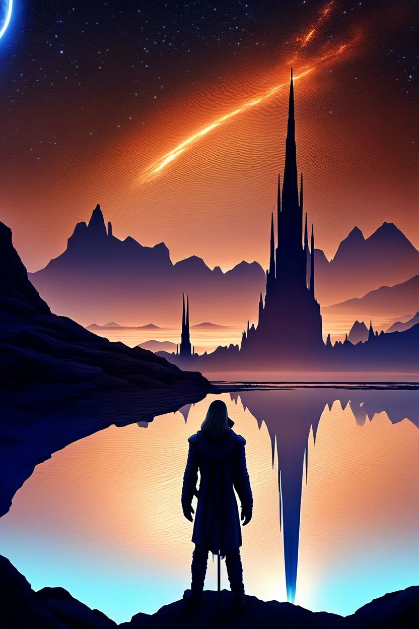 MJ P cosmic panorama, a massive planet with radiant orange and deep blue hues hovering close to an alien landscape. Jagged peaks, serene lakes reflecting the towering gothic spire in the distance, under a tapestry of shooting stars, and interstellar clouds. A solitary figure stands on a rocky outcrop UHD --s 100