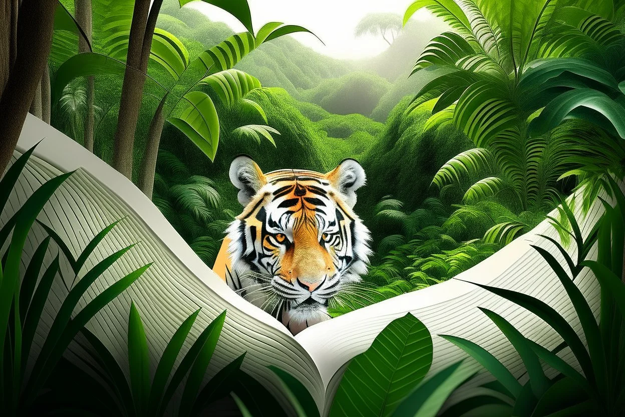 white,background,looking,through,a 3-d, hole,or,window,,and seeing tiger in tropical jungle, make,sure,all,fits,on,the,page