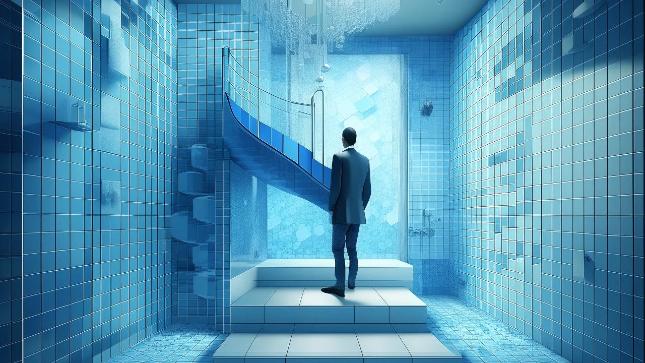 The image depicts a stylized bathroom scene featuring a shower enclosed in a transparent cubicle with a figure inside. To the side, there are unique, modern stairs leading up, made of stone, along with an abstract representation of a sink and a decorative wall. The color scheme primarily includes shades of blue and tiles with intricate textures. The overall aesthetic appears to be contemporary and artistic.