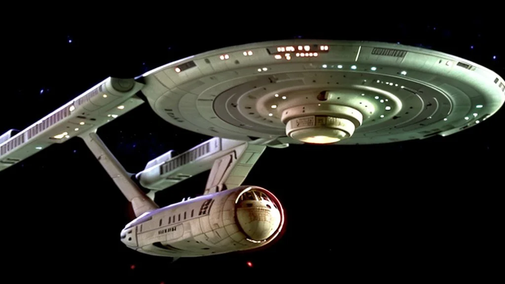 a screen capture from a star trek movie of a battle-damaged starship enterprise IN the year 2380 IS IN A BATTLE with monster ufos sci-fi meticulous, highly-polished, photorealistic, studio production, intricately detailed, GALACTIC, directed by gene Roddenberry,