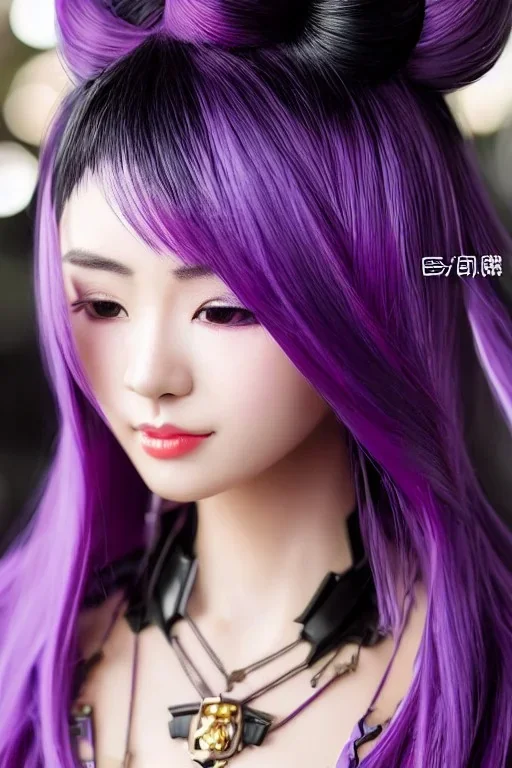 Detailed cute anime Kunoichi girl, purple hair buns, purple bangs, black latex bodysuit, intricate details, full body portrait, keep head in frame, slight smile, black Japanese motif, concept art, highly detailed, digital painting, concept art, sharp focus, illustration, art by Yoji Shinkawa, WLOP and greg rutkowski and alphonse mucha and artgerm and yanjun Chen and Junji ito and Makoto Shinkai, HDR, octane render