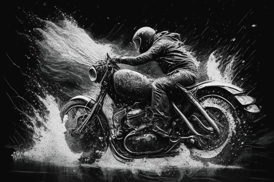 A man riding a vintage motorcycle, with the essence of Grisaille and the fluid dynamics of Ferrofluid surrounding him. -ar 16:9-s 50-