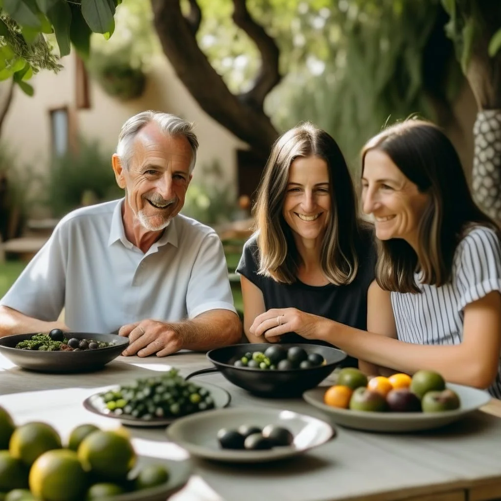 A happy family sitting around a table with black and green olives in a natural setting