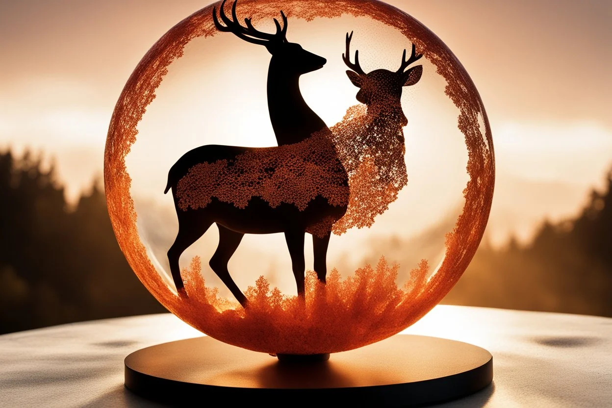 a globe made of glowing orange-red salt material covered in gold lace, about 60% of which is visible, with a glowing light inside, double exposure, in the foreground a black silhouette of a deer jumping dynamically, in the background a landscape with a beautiful forest and a waterfall in the sunlight