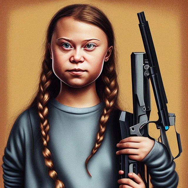 portrait of Greta Thunberg armed with a gun