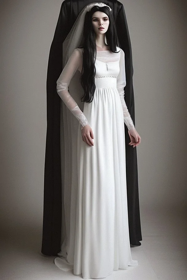 A very long wedding dress similar to Romanian dresses with long black hair Photorealistic