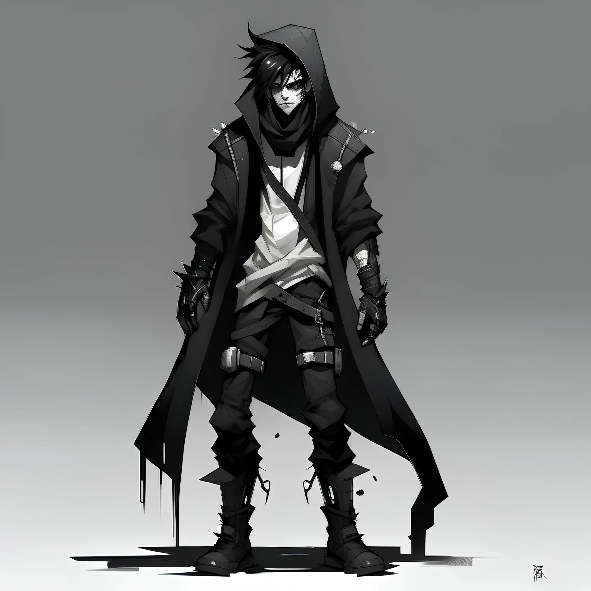 Animated person with Literally white skin, short and messy hair that is black with white streaks through it, wears spiked bracelet, a black hooded cloak/jacket made of leather and metal, black boots, and black cargo pants with silver buttons