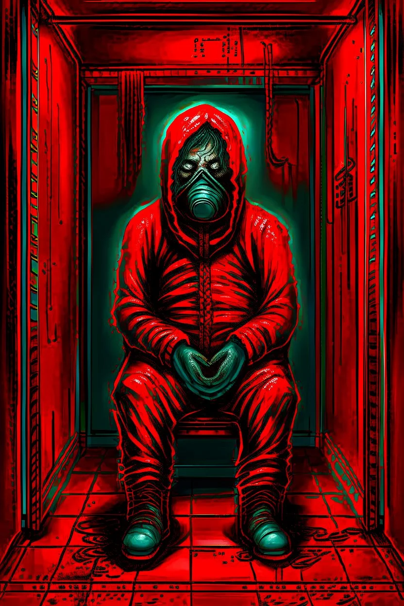 A scary gothic person sits quietly in the middle of a soundproof, padded room conveying intense dramatic emotions in a muted environment, wearing a bright red straitjacket , a mask to cover the mouth area of cannibal evil scary, dark and gothic look, cold eyes, eary ultra detailed,.32k, digital art style with messy paint, hardened sealer appearance, impasto, dramatic Arial view with explosive chaotic background