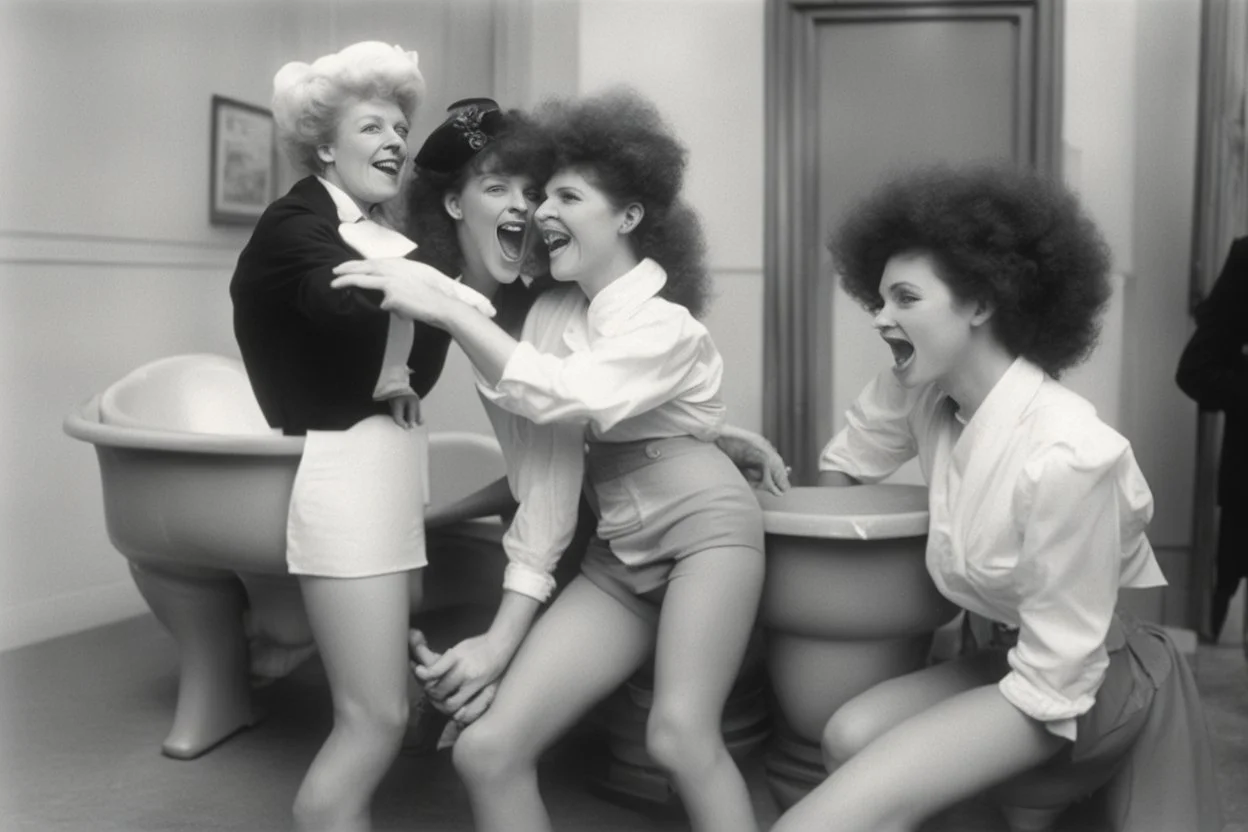 lesbians making fun at Exhibition of historical toilet humps [photo from Blame it on Ginger (1986)]