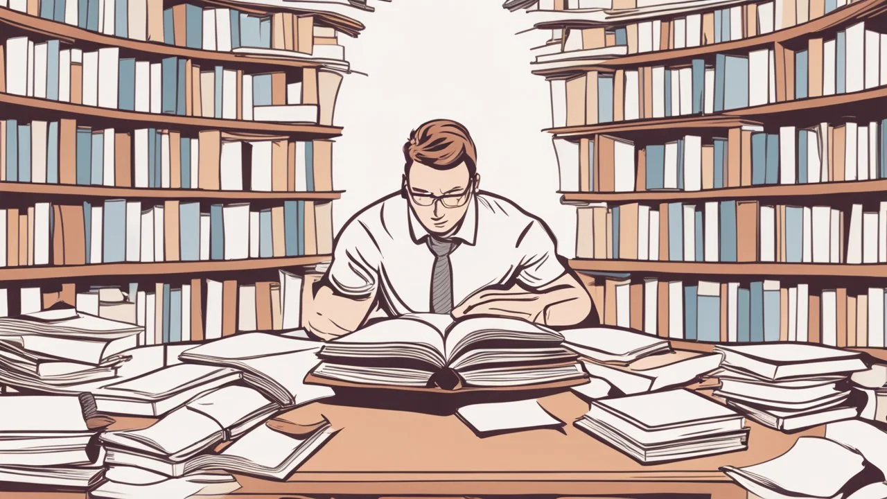 Description of the image: An image representing a person engaged in focused reading and learning, with books and articles spread out in front of them, symbolizing dedication to continuous learning and self-improvement.