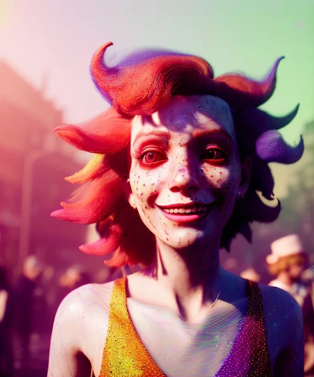 Ultra Realistic photo, medium shot view, drunken sweet dancer old brunette woman, carnival scene, monster hair, steampunk style. Red hair, confeti, smile, happy, festival, ovnis, gradient color fog. highly detailed, concept art, unreal engine 5, ray tracing, RTX, lumen lighting, ultra detail, volumetric lighting, 3d, finely drawn, high definition, high resolution.