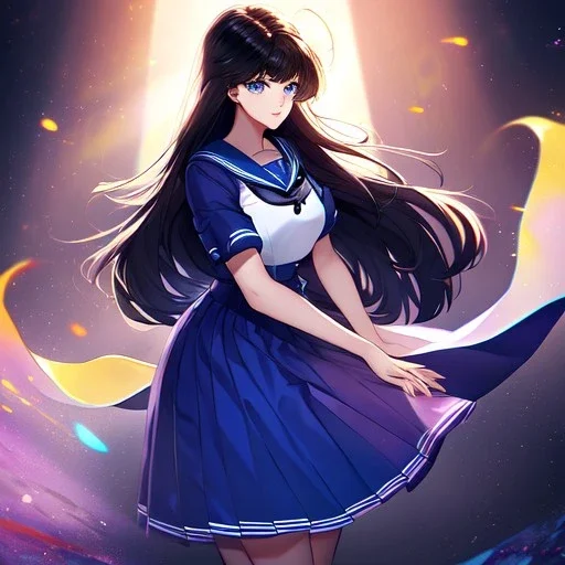 Clear focus, High resolution, girl wearing a purple sailor moon outfit, long fluffy black hair, blue eyes, wearing a sailor uniform skirt including color and length