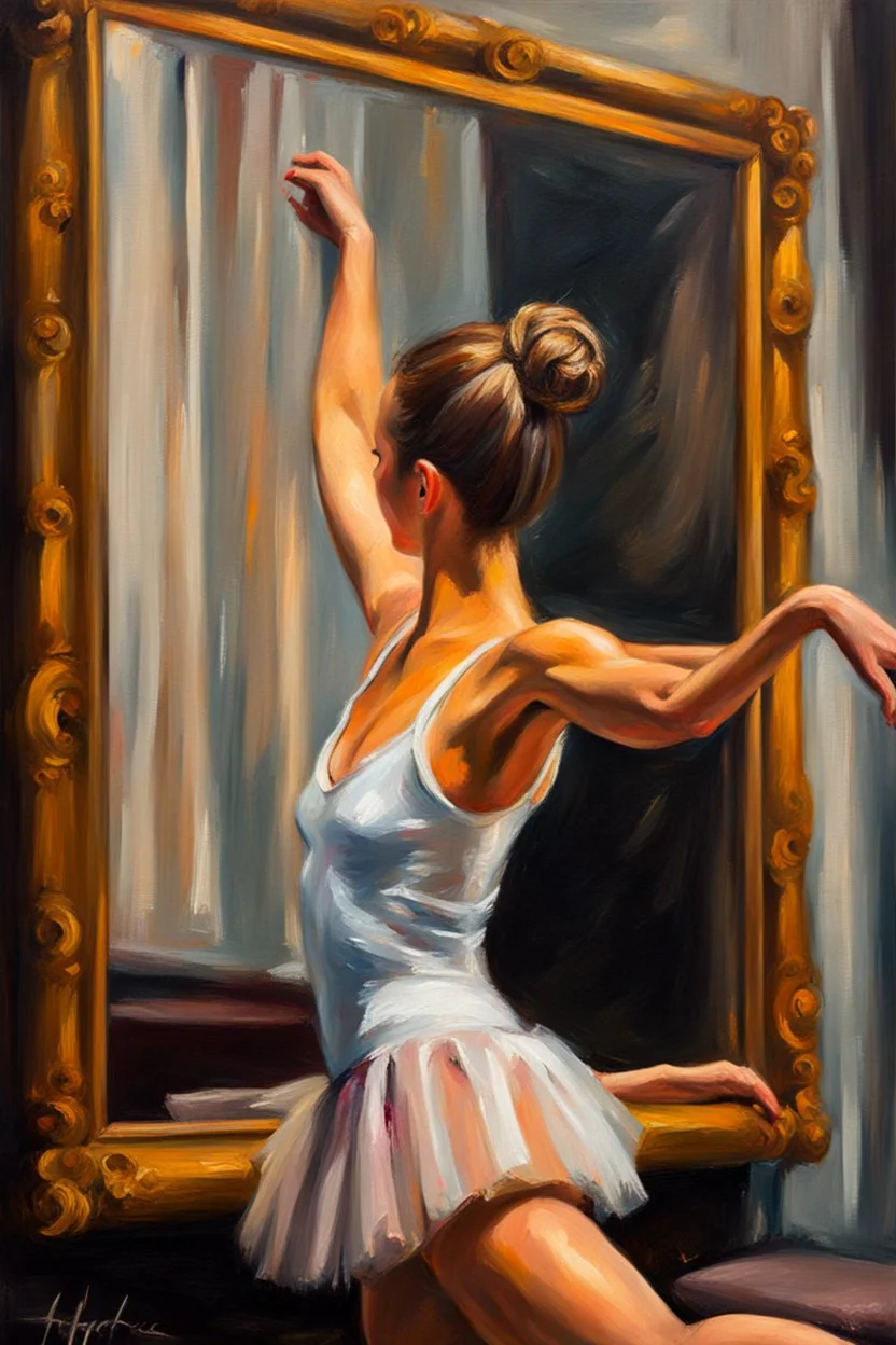 close up realistic portrait oil of a ballerina, stretching next to a mirror, in impasto style, thick strokes of oil paint