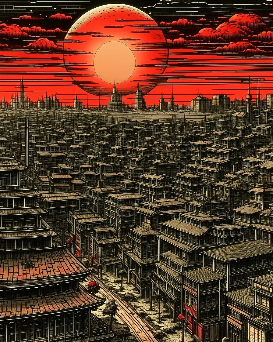 A dark brownish scarlet urban city with warped moons painted by Utagawa Hiroshige