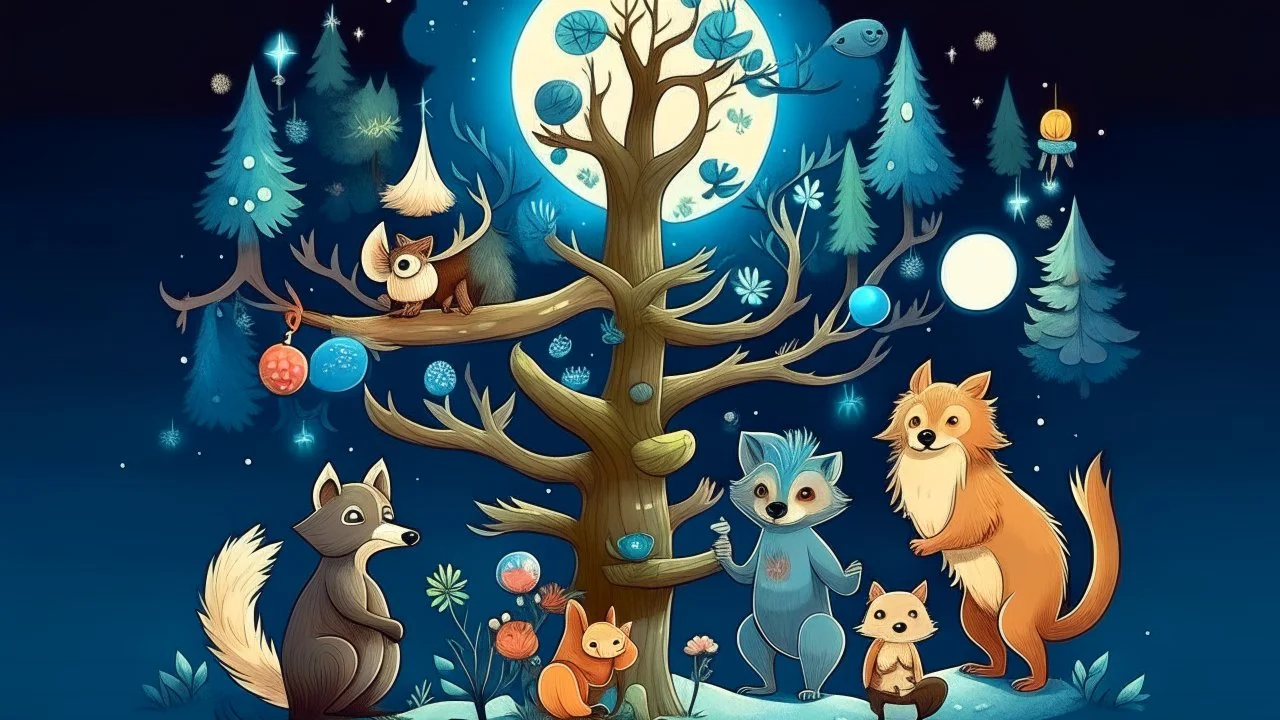 fantasy cartoon illustration: animals are decorating a Christmas tree, beneath a full moon