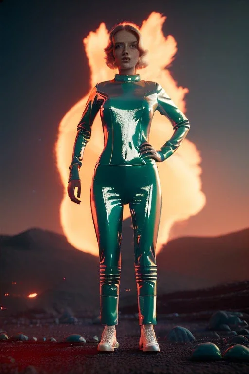 retro sci-fi portrait image from 1980, supermarket explosions, fire, people running, sweet young blonde woman walking, tight latex suit, soft color, highly detailed, unreal engine 5, ray tracing, RTX, lumen lighting, ultra detail, volumetric lighting, 3d, finely drawn, high definition, high resolution.