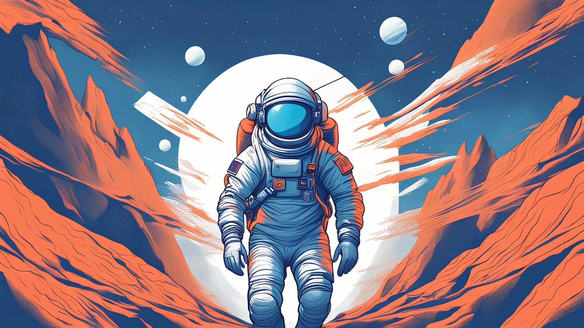 Create a visually stunning high tech image with blue and orange of an astronaut riding on the back of a giant fox