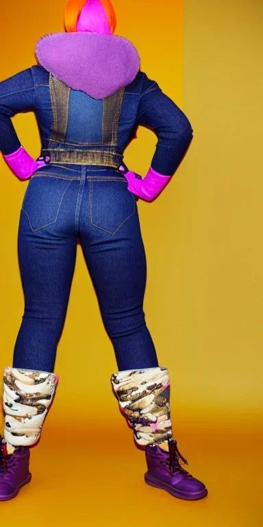 Bright-color-haired woman.fit,slim but thick thighs,thick calves,flat belly,curvy fell, thin. Mantle is sewed of upcycled Denim and sewed together of camouflage pieces. Pieces' color are orange, cream and purple. Cream latex gaiters.It is with big bright purple felt tippet and cream-colored-hood. mantle has a hood. Big AKG-style headphones (gold rings!) is merged with small felt cap with small visor. Style: Haute Couture in 1920's, N.Y.C fashion in 1996, inspired by street art.