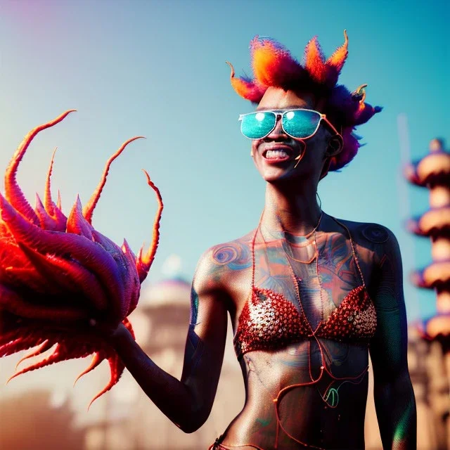 Ultra Realistic photo, medium shot view, drunken dancer bikini woman, carnival scene, monster hair, steampunk. Red hair, confeti, Sunglasses, smile, happy, festival. ovni, alien, gradient color fog. highly detailed, concept art, unreal engine 5, ray tracing, RTX, lumen lighting, ultra detail, volumetric lighting, 3d, finely drawn, high definition, high resolution.