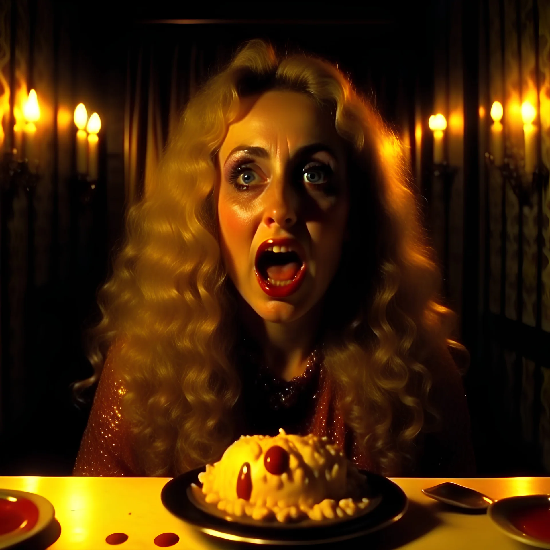 Spooky, ultra realistic distress, dining, ultra realistic hot woman, giant details, accentuated, hypnotic, organic hot blondes, dynamic, anguish, excited and lively scene, hypermaximalist figures, Creepy the Ring Alfred Hitchcock, Sam Raimi, insanely detailed, sinister, John Carpenter, Dario Argento, ornate