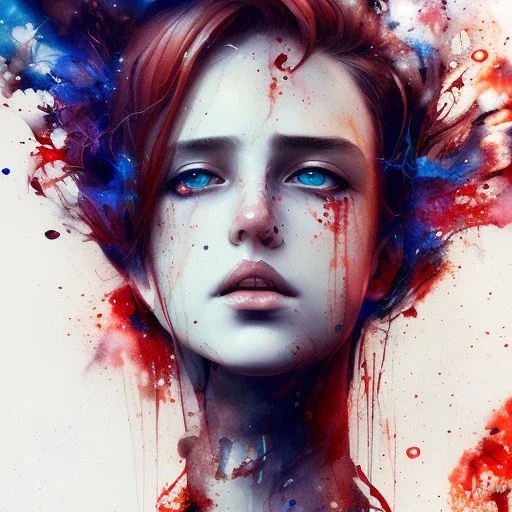 Singer Danish MØ face, watercolor illustration by <agnes cecile> <Yoji Shinkawa>, darkred tones,