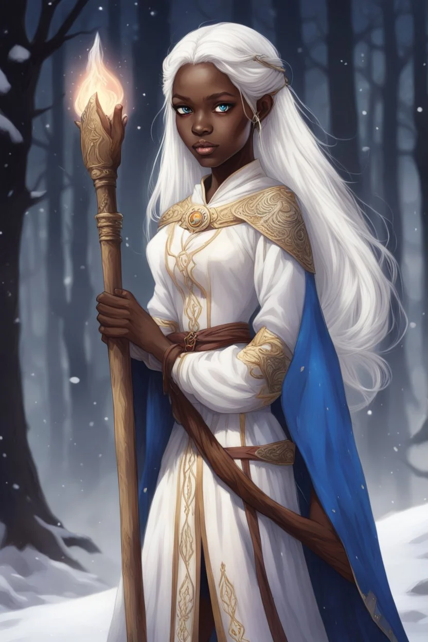 sixteen-year-old sorceress, dark skin, blue eyes, straight and long snow-white hair, dressed in an aristocratic tunic, carrying a long wooden staff