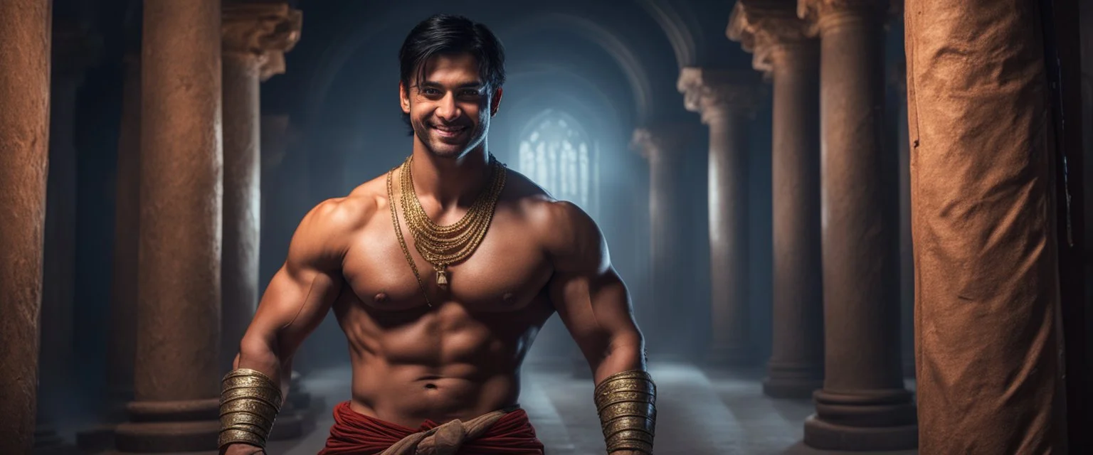 Hyper Realistic shirtless muscular handsome short black hair Indian King smiling & holding sword in a huge dark haunted hallway with traditional pillars at night